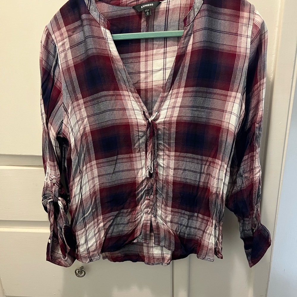 Express V-Neck Plaid Blouse - Red and Blue